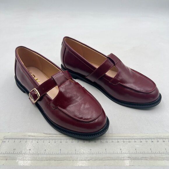 YDN Brown Low Heel Loafers Round Toe Chunky Heel Adjustable Buckled T-Strap Shoe - Picture 4 of 8